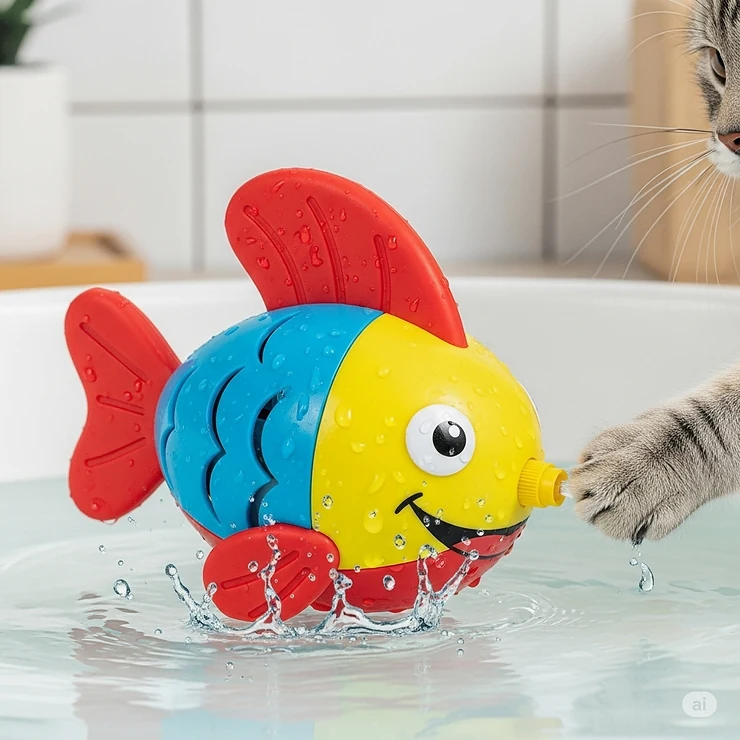 A fun, colorful cat toy that squirts water, perfect for engaging cats during bath time or water play.