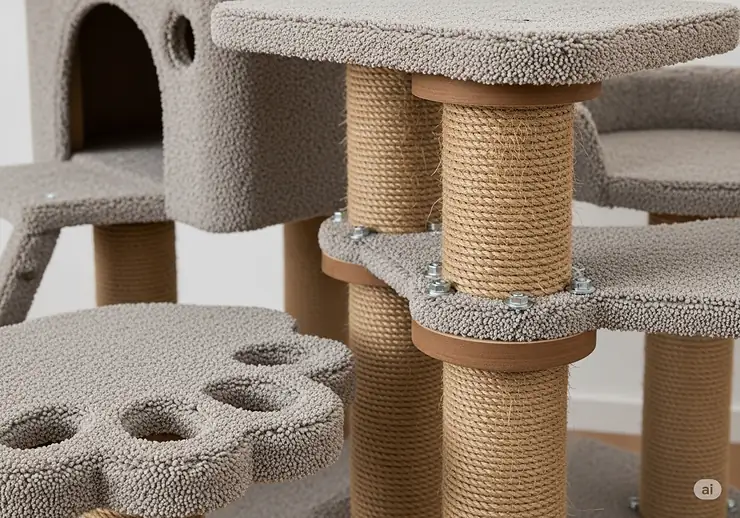 Close-up shot of a durable cat tree's thick sisal scratching posts and reinforced platforms, highlighting its robust construction suitable for large cats and active play.