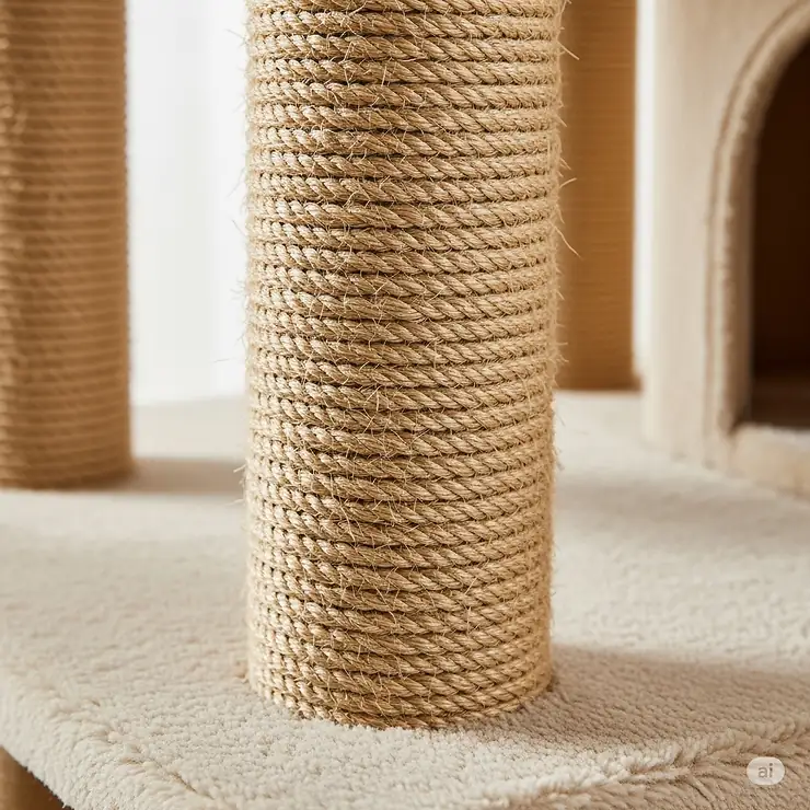 Close-up of a durable, sisal rope scratching post on a heavy-duty cat tree, perfect for satisfying a big cat's scratching instincts.