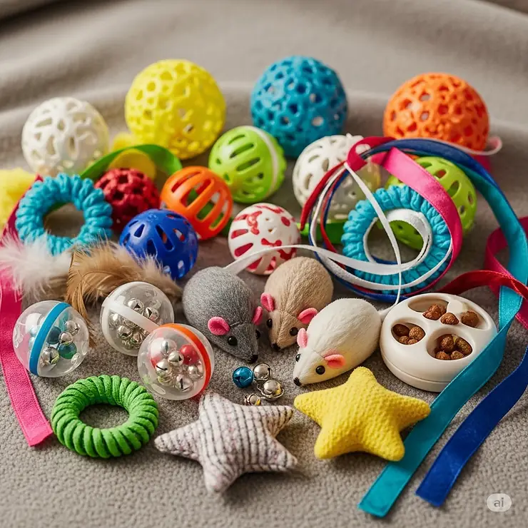 An assortment of different toys for older cats, including balls with bells, crinkle toys, and plush mice.