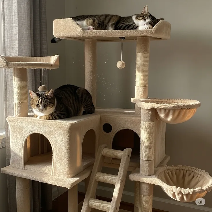 Two cats relaxing on different levels of a large cat tree with stairs, showing its capacity for multiple pets.