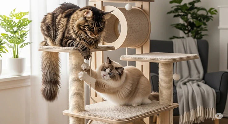 Two large cats, a Maine Coon and a Ragdoll, sharing a single cat condo, with one on a perch and the other using a scratching post, showcasing the spaciousness of the cat furniture.