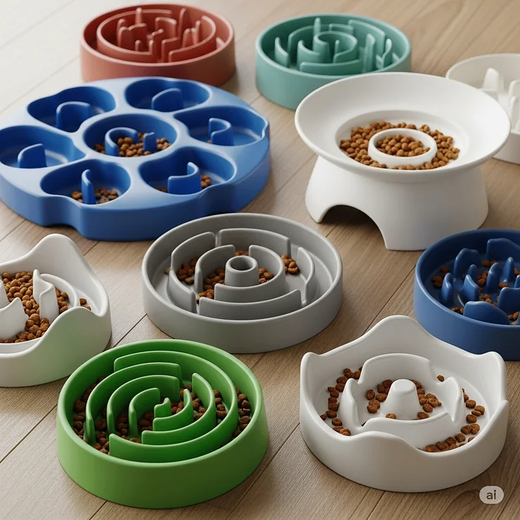 A collection of different slow feeder cat bowls, including puzzle bowls, maze patterns, and raised feeders.
