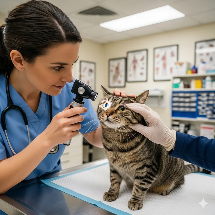 A veterinarian carefully examining a cat's eyes to diagnose Haws syndrome. This image emphasizes the importance of a professional diagnosis.