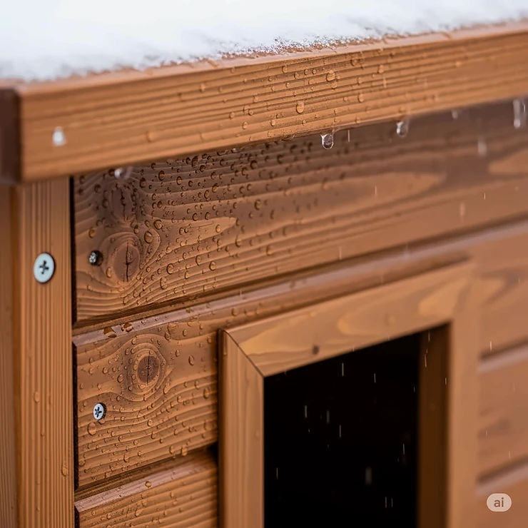 A close-up view of the waterproof finish on a sturdy weatherproof wooden outdoor cat shelter, highlighting its protection against rain and snow.