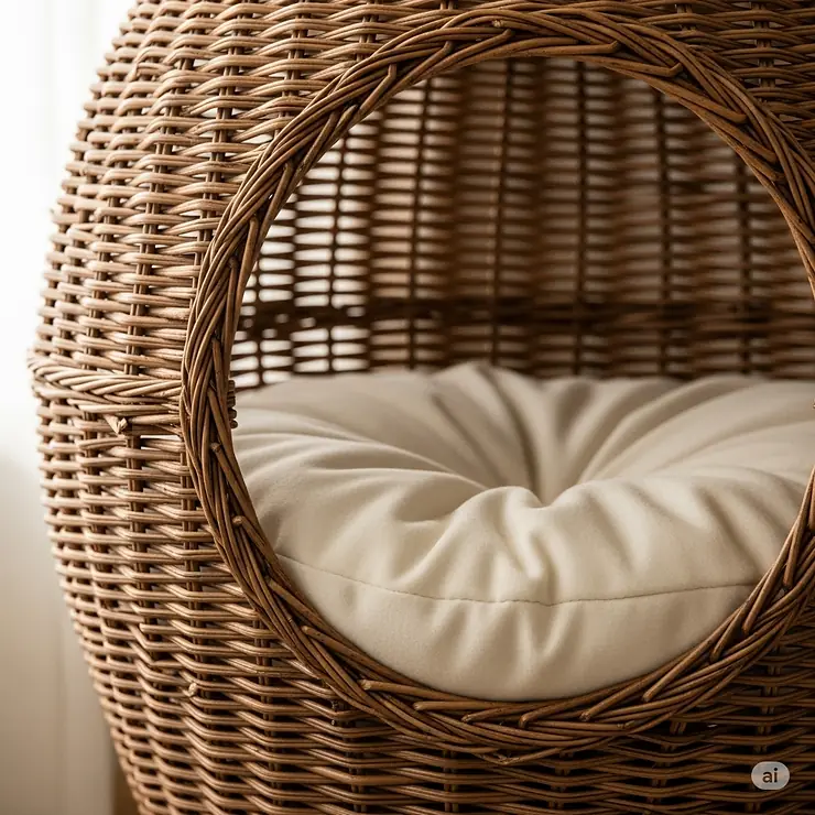 A close-up view of a cozy wicker cat condo with a soft cushion inside, showing the intricate weaving of the wicker material.