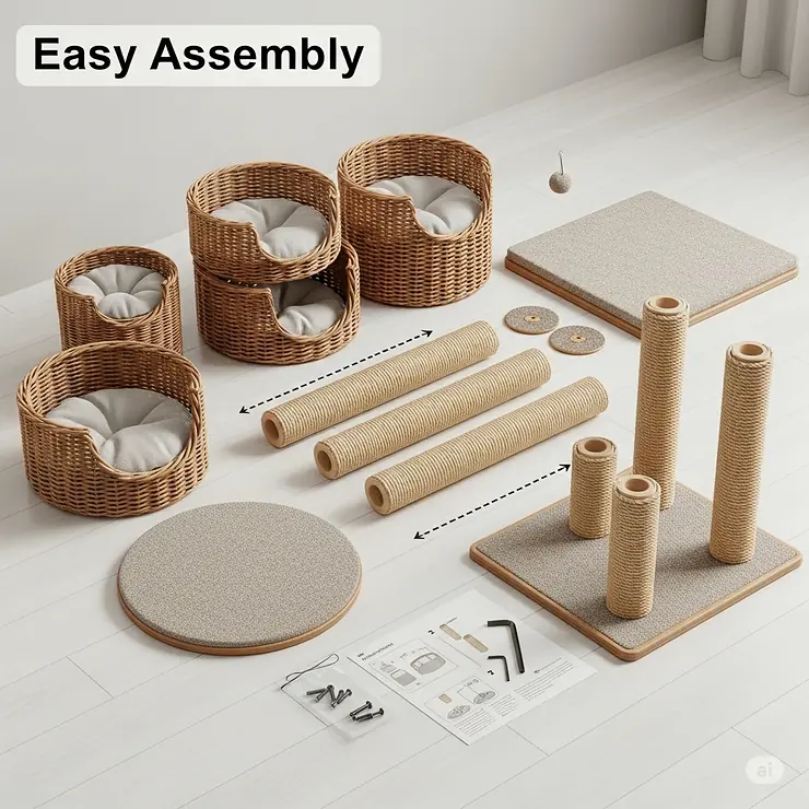 An illustration of the easy assembly process for a wicker cat tree, showing the various components before they are put together.