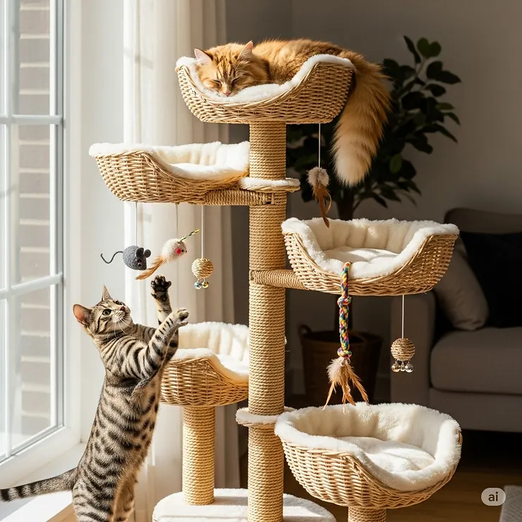 A wicker cat tree with attached hanging toys, offering endless entertainment and a fun-filled climbing experience for cats.