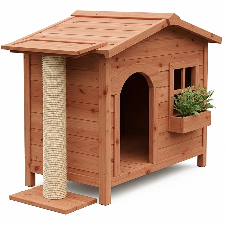 A versatile wooden outdoor cat house that includes a built-in sisal scratching post, offering both shelter and a fun activity area for cats.