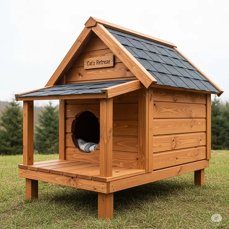 A durable, weatherproof wooden cat house designed for outdoor use, featuring a small covered porch and a raised platform to keep pets dry.