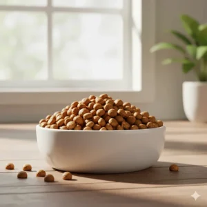 A simple illustration of a cat's food bowl filled with crunchy Abound cat food kibble, ready for a serving.