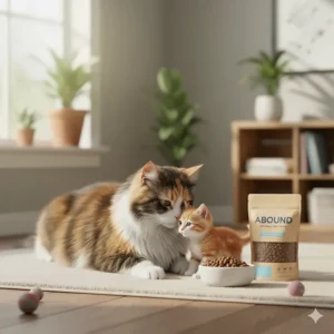 An illustration showing an adult cat and a kitten, indicating that Abound cat food is suitable for cats of all life stages, from kittens to adults.