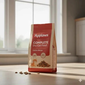 Applaws complete dry cat food kibble bag highlighting "grain-free" and "high meat content" claims.