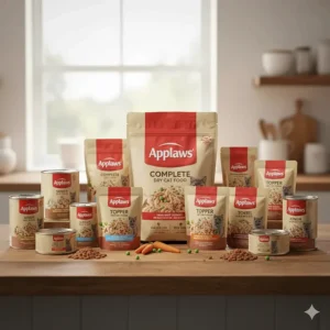 A display of the various Applaws cat food product types, including complementary wet and complete dry options.