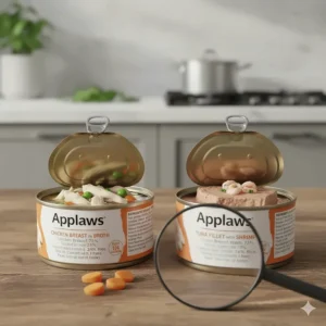 Close-up comparison of Applaws wet cat food can ingredients showing high protein and minimal fillers.