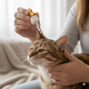 A hand holding an ear drop bottle, carefully applying the liquid into a cat's ear.