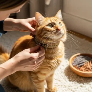 An owner gently placing a natural flea collar on their cat to help prevent fleas and ticks.