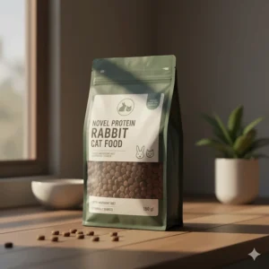 Close-up of a bag of premium, grain-free dry rabbit cat food kibble.