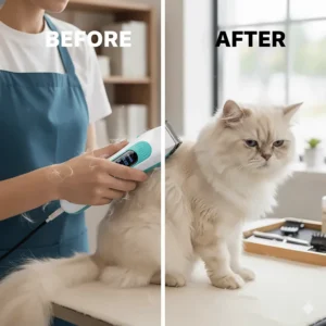 A side-by-side comparison showing a long-haired cat before and after a professional grooming session with high-quality cat clippers, highlighting the neat results.