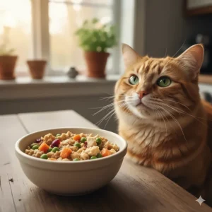 A bowl of rehydrated, high-protein dehydrated cat food next to a playful tabby cat, illustrating a healthy meal option.