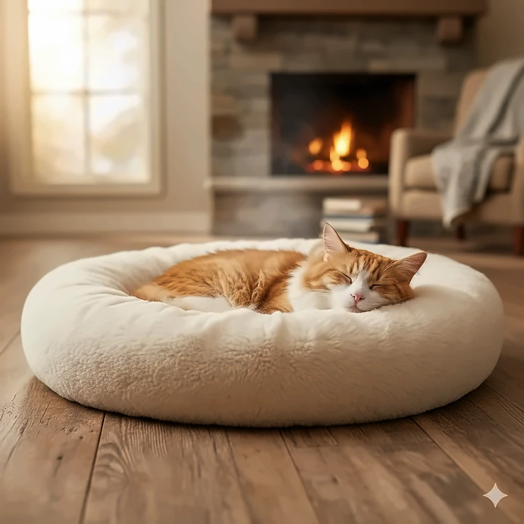 A cozy, plush heated cat bed with a fluffy, content ginger tabby cat napping soundly inside. best heated cat bed