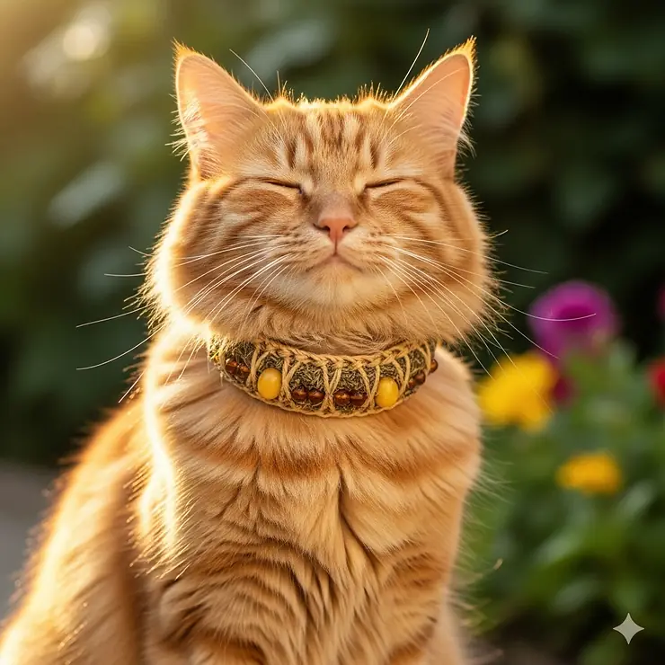 A happy cat wearing a natural flea collar, looking comfortable and protected. best natural flea collar for cats