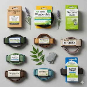 A top-down view of different brands of highly-rated natural flea collars for cats, showcasing variety and quality.