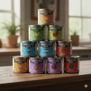 A variety pack of canned cat pate flavors, stacked neatly to showcase the different colors and labels.