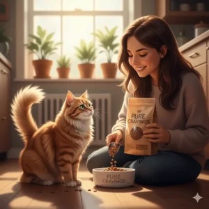 An endearing illustration of a cat owner pouring Pure Cravings cat food for their beloved pet, symbolizing the bond and trust between them.
