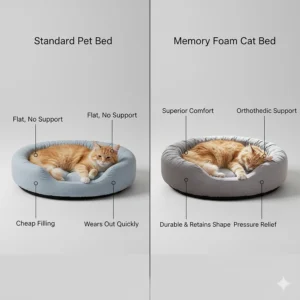 A comparison image showing a standard pet bed next to a memory foam cat bed, highlighting the superior cushioning and durability of the memory foam option.
