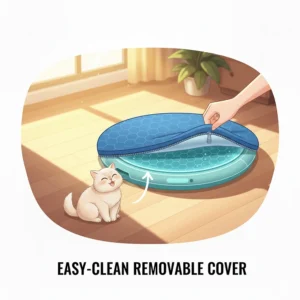 An image of a cooling cat bed with a zipper, highlighting its easy-to-clean, machine-washable removable cover.