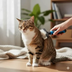 A pet owner gently using a FURminator for cats on a short-haired tabby, highlighting the ease of the grooming process.