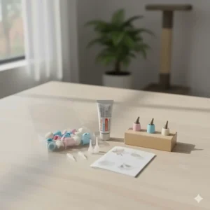 A photo of a complete kit for applying claw coverings, including the coverings, adhesive, and applicator tips.