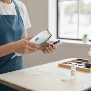 A detailed image of a groomer cleaning and oiling the blade of cat hair clippers to maintain sharpness and extend the tool's life.