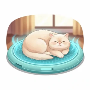 A fluffy Persian cat is comfortably curled up on a self-cooling pet mat, which helps regulate its body temperature.