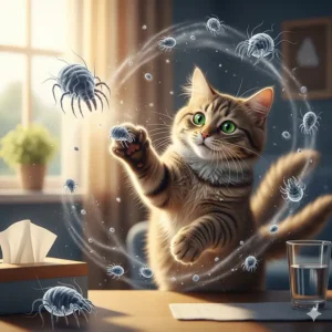 A playful cat is shown around dust mites, symbolizing a potential environmental allergy that can trigger sneezing and watery eyes.