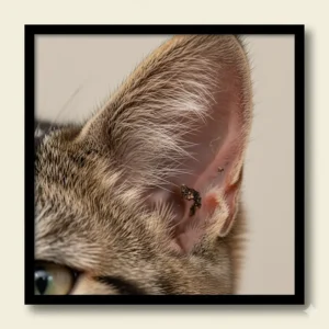 Close-up of a cat's ear showing signs of infection, such as redness and discharge.