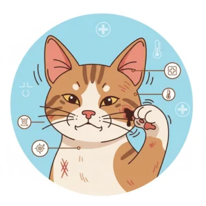 An illustration of common symptoms of cat ear infections, such as redness and discharge.