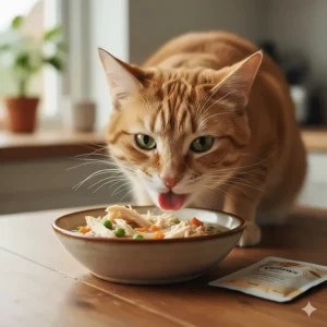 Happy cat enthusiastically eating Applaws supplemental wet cat food from a ceramic dish.