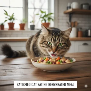 A contented cat eating a rehydrated meal of dehydrated cat food, showing its palatability and appeal to picky eaters.