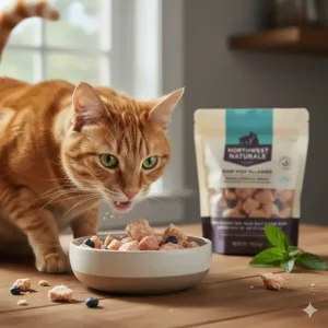 A happy cat eating from a bowl filled with Northwest Naturals cat food.