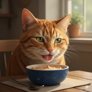 A domestic short-haired cat with a happy expression eating cat pate from a blue ceramic dish.