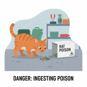 An illustration of a cat near a spilled container of rat poison, showing a dangerous cause for a cat throwing up blood.
