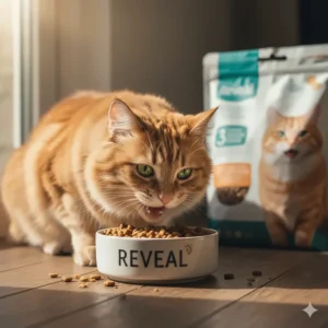 A cat happily crunching on Reveal dry cat food kibble. This image supports positive feedback in Reveal cat food reviews.