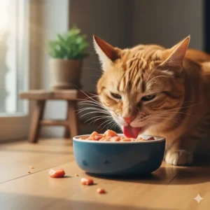 A happy ginger cat enthusiastically eating a serving of salmon cat food from its dish.