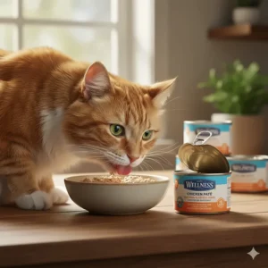 A fluffy cat eagerly eating Wellness brand canned cat food from a bowl.