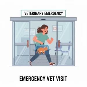 A worried owner rushing their cat in a carrier to a veterinary clinic, emphasizing the need for immediate medical care when a cat throws up blood.