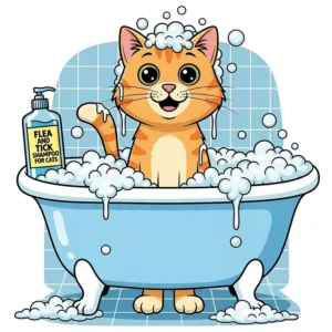 A cartoon drawing of a happy, clean cat standing calmly in a tub, surrounded by bubbles, with the text "Flea and Tick Shampoo for Cats" visible.