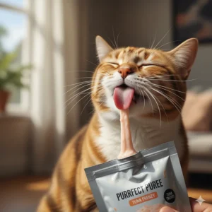 An illustration of a cat enthusiastically licking a pureed, creamy lickable treat for cats being squeezed from a small pouch.