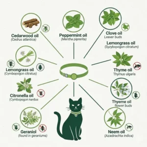 Infographic showing the natural essential oils and plant-based ingredients used in a natural cat flea collar.